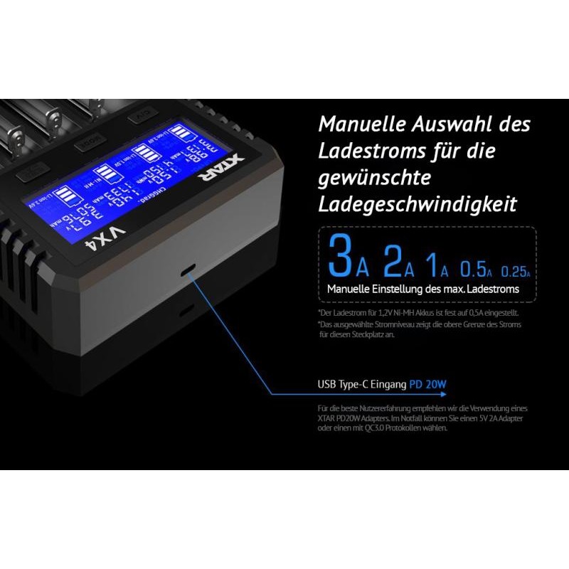Xtar VX4 Universelles Analyse Ladegerät für 1.5V / 3.6 - 3.7V Li-Ion / 3.2V LiFePO4 & 1.2V Ni-MH Akkus