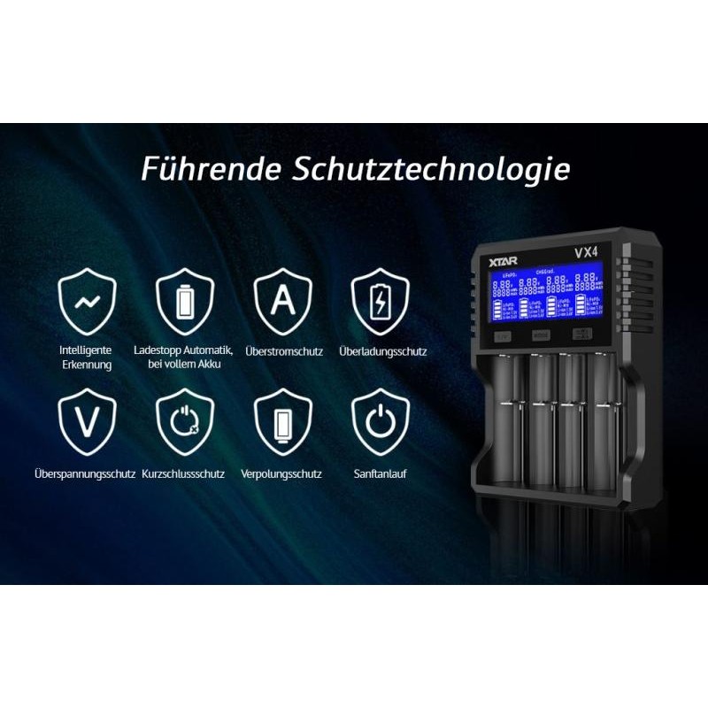 Xtar VX4 Universelles Analyse Ladegerät für 1.5V / 3.6 - 3.7V Li-Ion / 3.2V LiFePO4 & 1.2V Ni-MH Akkus