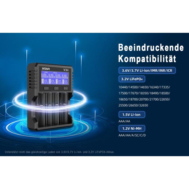 Xtar VX4 Universelles Analyse Ladegerät für 1.5V / 3.6 - 3.7V Li-Ion / 3.2V LiFePO4 & 1.2V Ni-MH Akkus