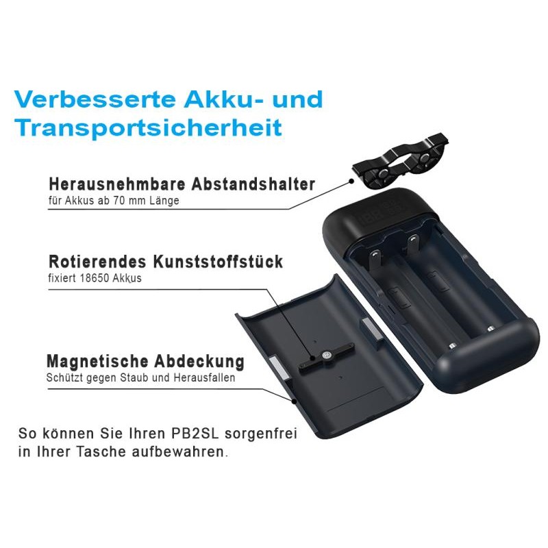 XTAR PB2SL, Ladegerät und Powerbank 2-Slot, 18650 bis 21700, QC3.0