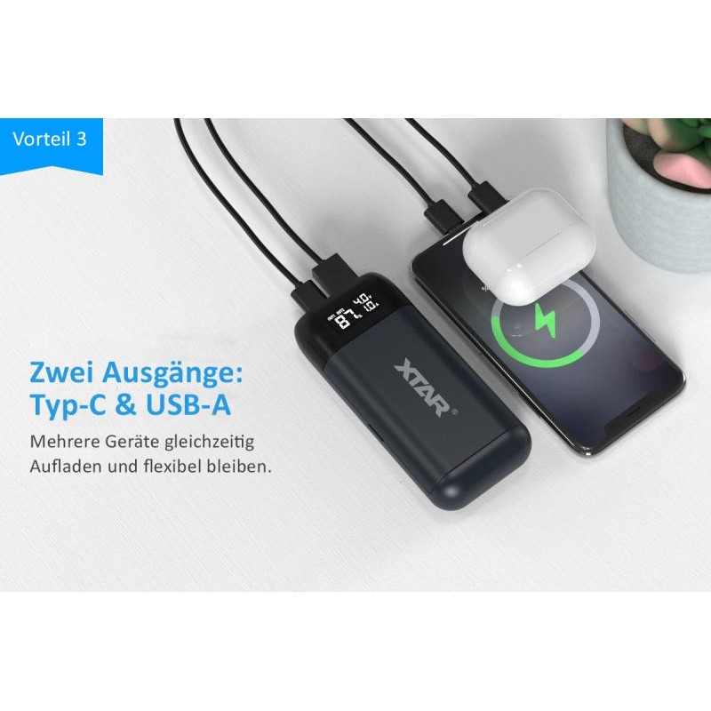 XTAR PB2SL, Ladegerät und Powerbank 2-Slot, 18650 bis 21700, QC3.0