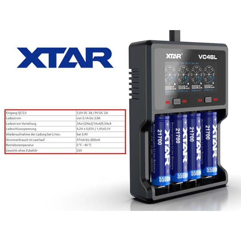 XTAR VC4SL Ladegerät 4-Slot mit Display QC3