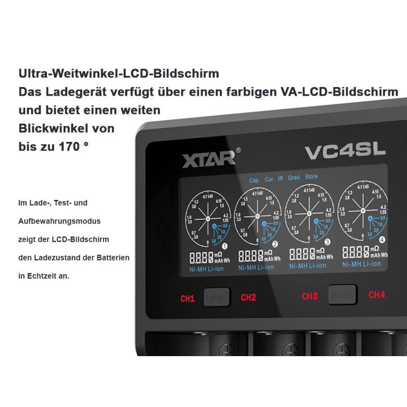 XTAR VC4SL Ladegerät 4-Slot mit Display QC3