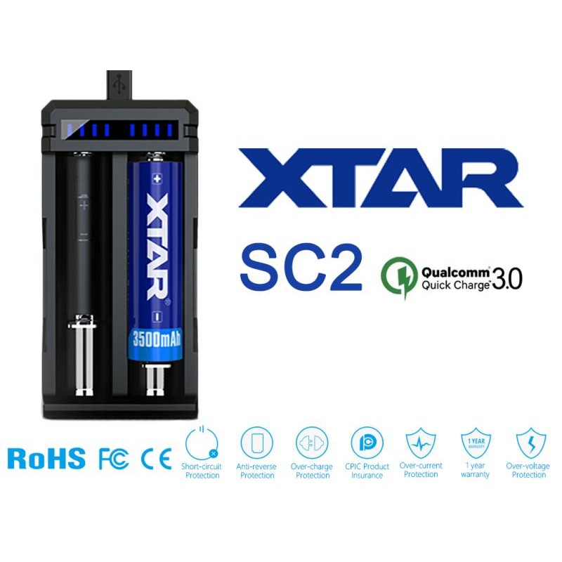 Xtar SC2 Schnelladegerät 2-Slot für Li-Ion-Akkus mit QC 3.0 Eingang