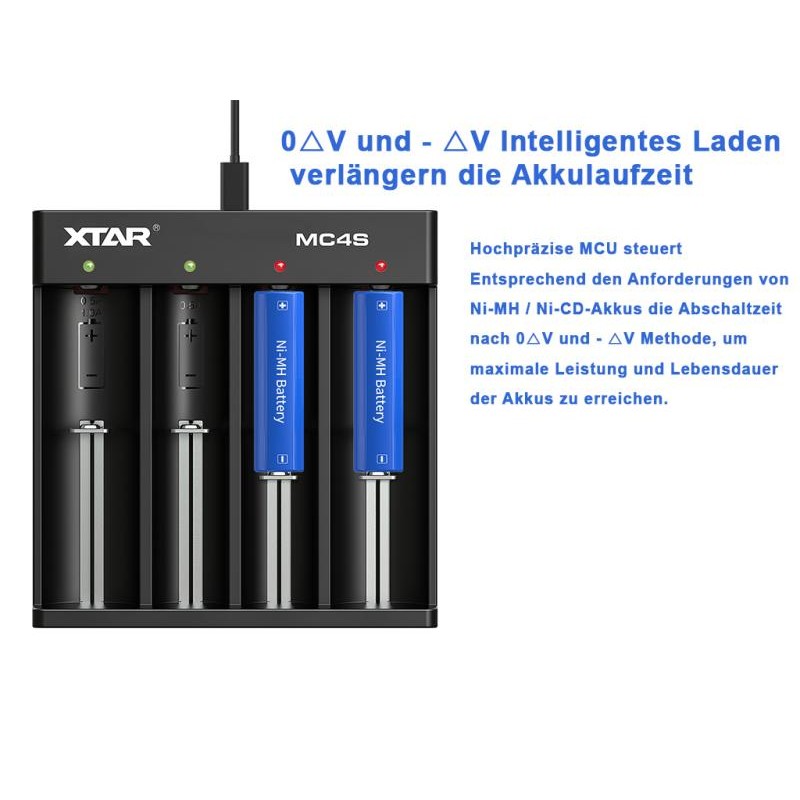 XTAR MC4S kompaktes 4-Schacht Ladegerät für Li-Ion und Ni/MH Akkus