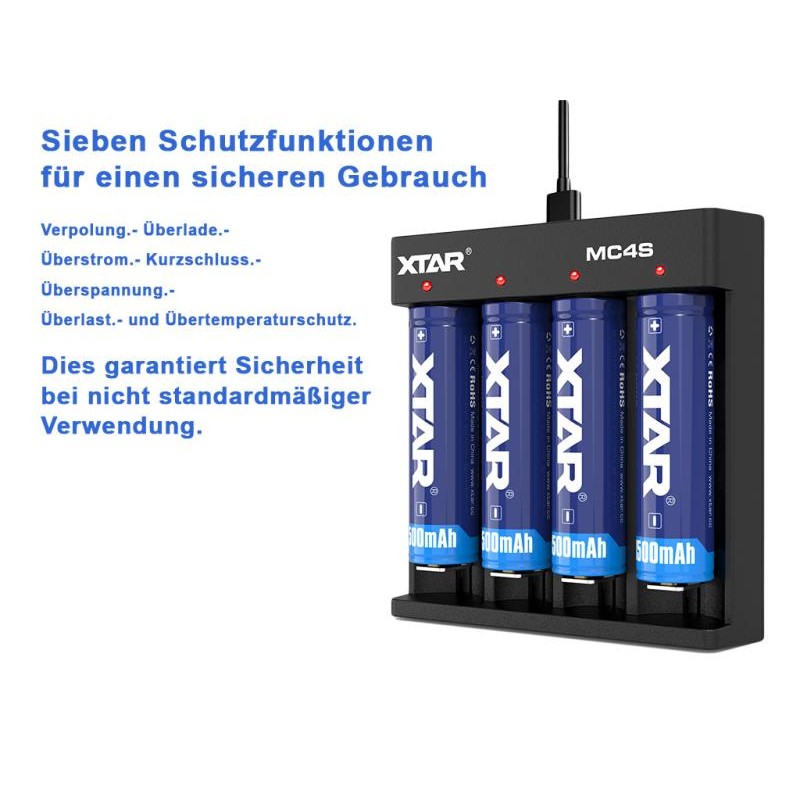 XTAR MC4S kompaktes 4-Schacht Ladegerät für Li-Ion und Ni/MH Akkus