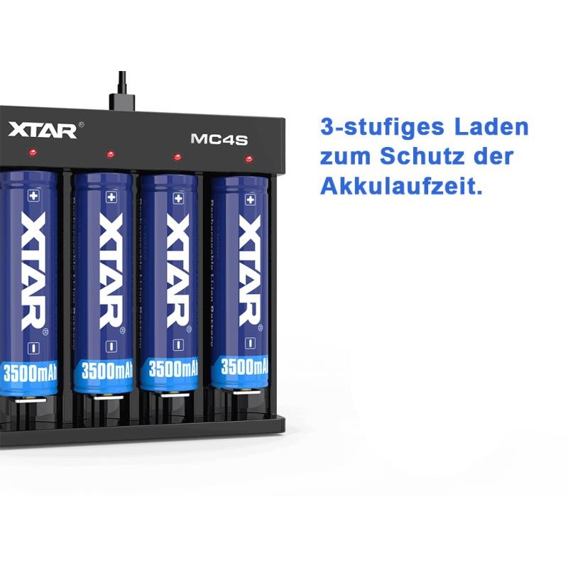 XTAR MC4S kompaktes 4-Schacht Ladegerät für Li-Ion und Ni/MH Akkus